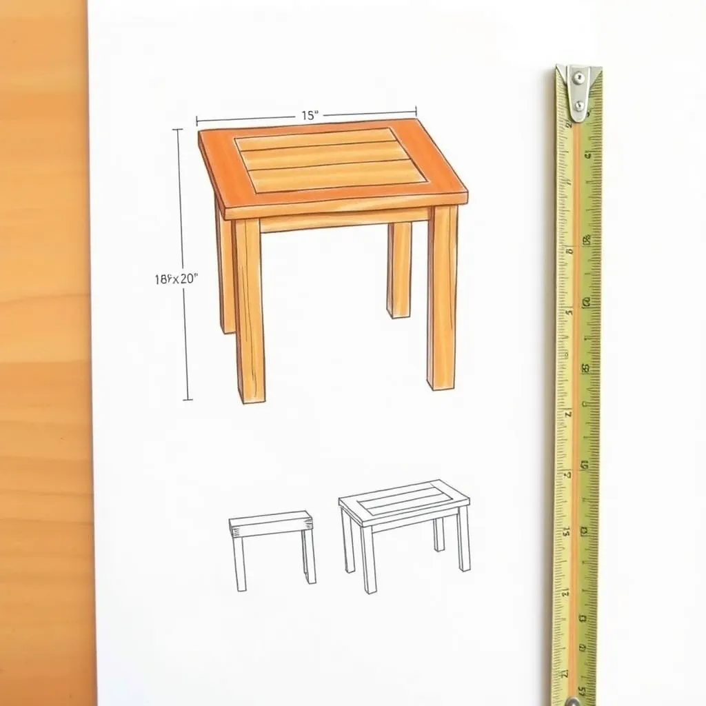 Outdoor side table design sketches with dimensions showing three style variations on paper