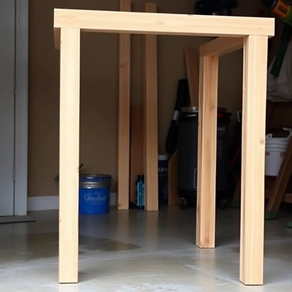 Cedar leg frame for outdoor end table being assembled with pocket hole jig in garage workshop