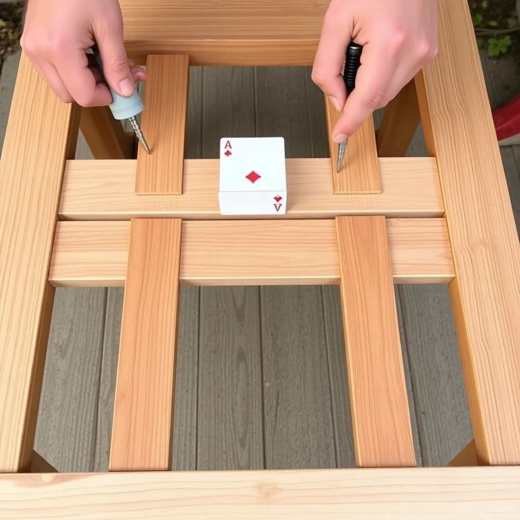 Cedar top slats being attached to outdoor side table frame with even spacing using playing card spacer
