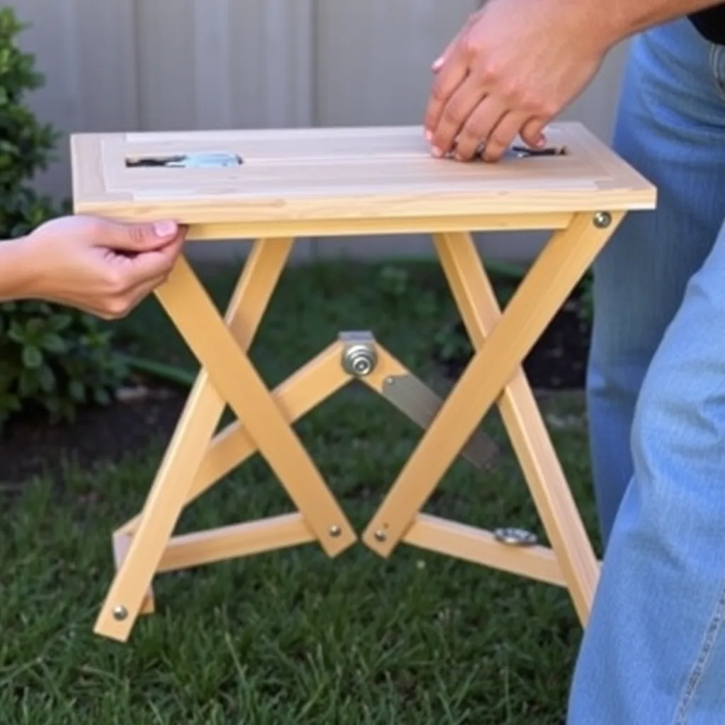 Folding outdoor side table with X-brace frame and piano hinges being assembled showing fold mechanism