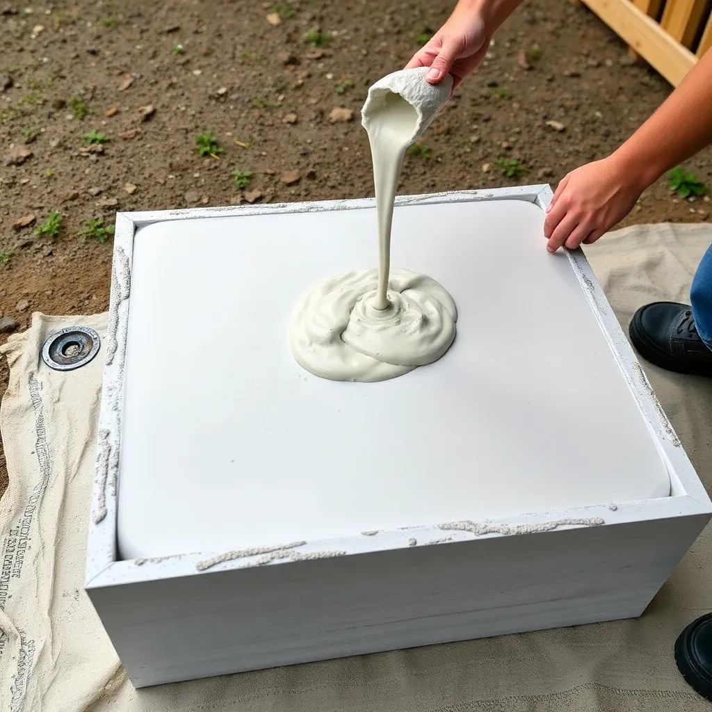 Concrete being poured and screeded in melamine form for outdoor coffee table concrete top