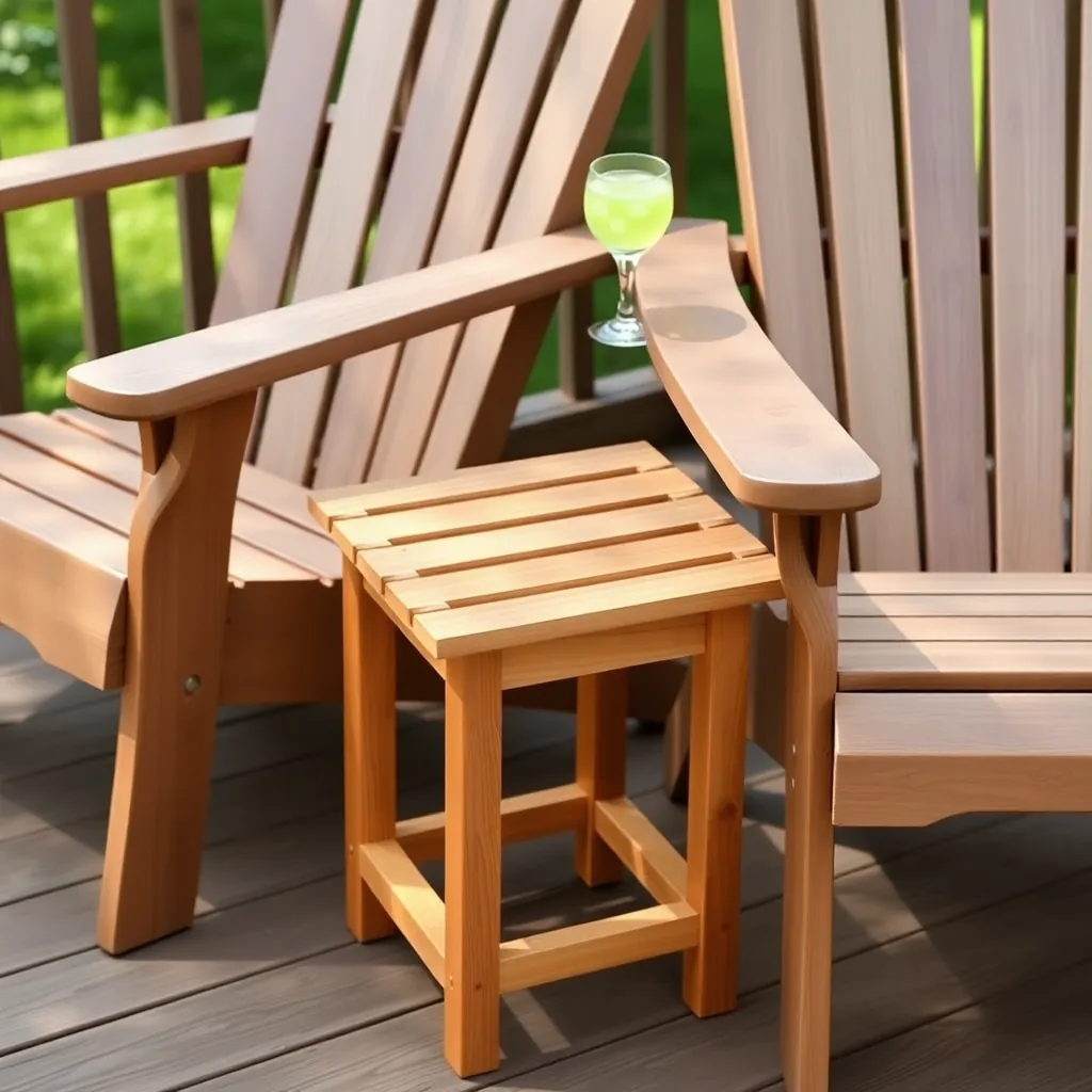 Finished cedar outdoor side table beside Adirondack chair on deck with glass of lemonade on top