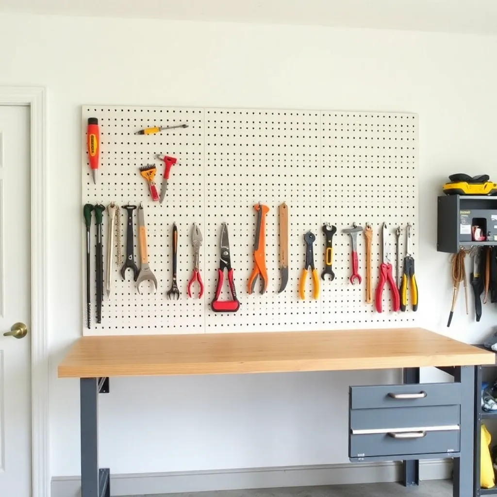 DIY pegboard wall organizer above garage workbench with hand tools - Step 5: Plan the Tool Layout