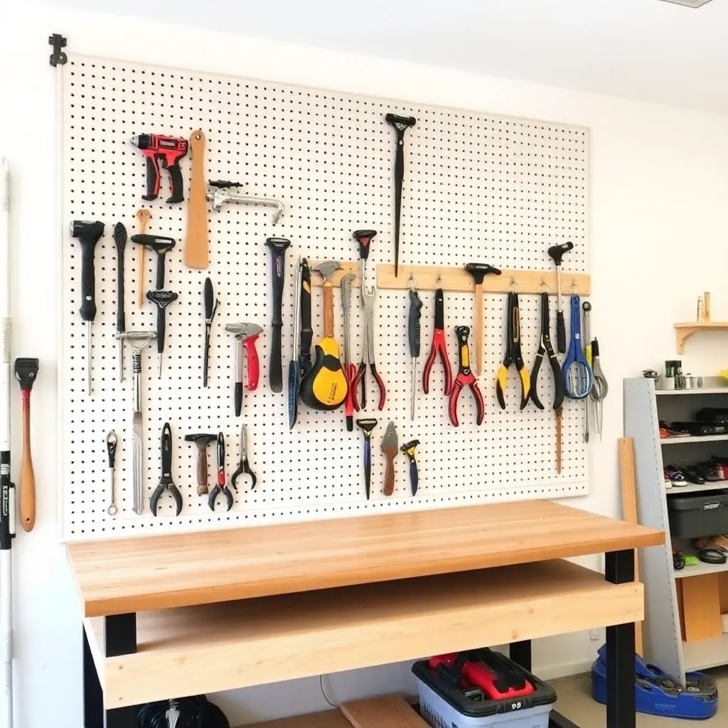 DIY pegboard wall organizer above garage workbench with hand tools - Step 6: Install Hooks and Load the Board