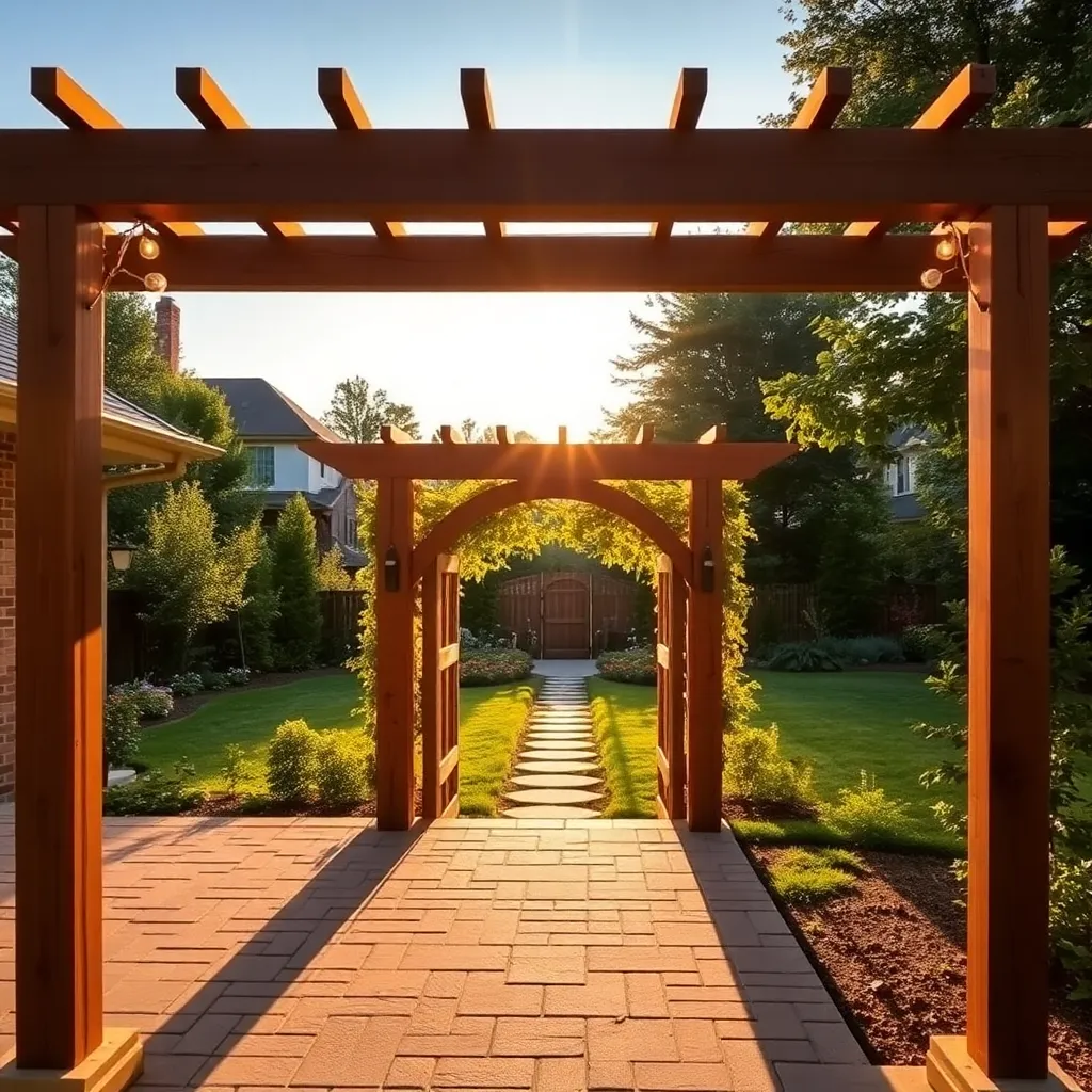 DIY cedar pergola over a patio and garden arbor gate in a beautiful backyard at golden hour