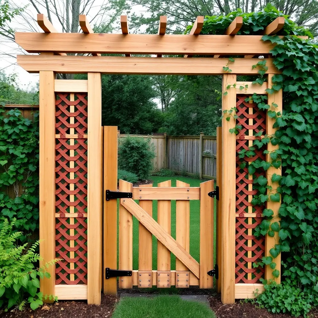 Cedar arbor gate with lattice panels and functional wooden gate at a garden entrance