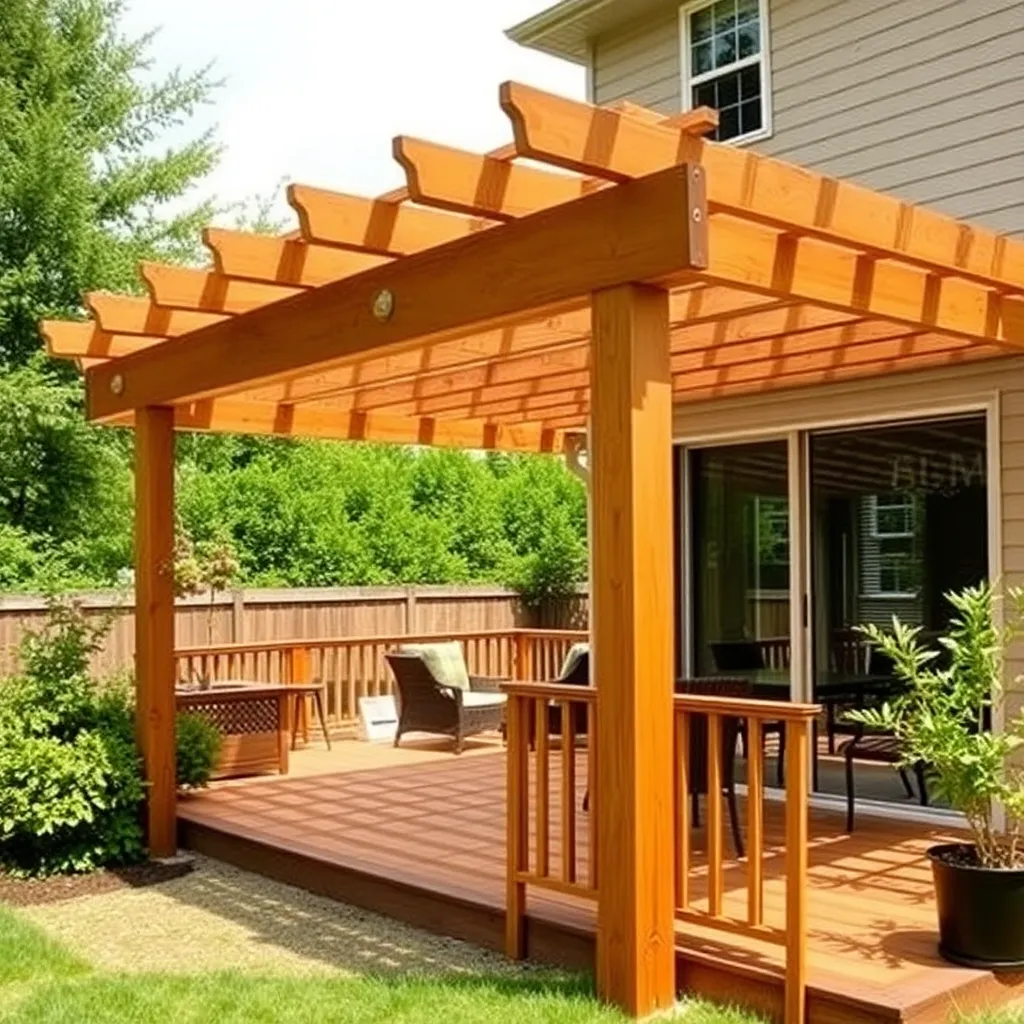 Attached cedar pergola connected to a house with ledger board over a patio deck