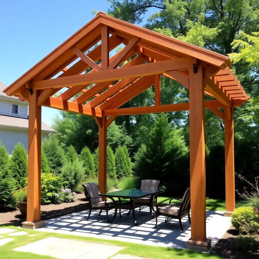 Beautiful freestanding cedar pergola with patio furniture in a sunny backyard