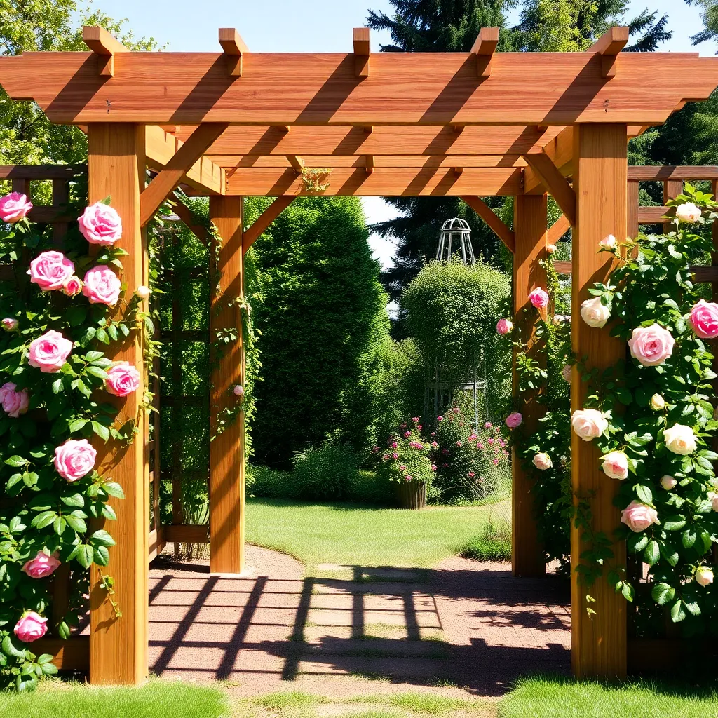 Cedar garden arbor with lattice sides and climbing roses framing a garden path