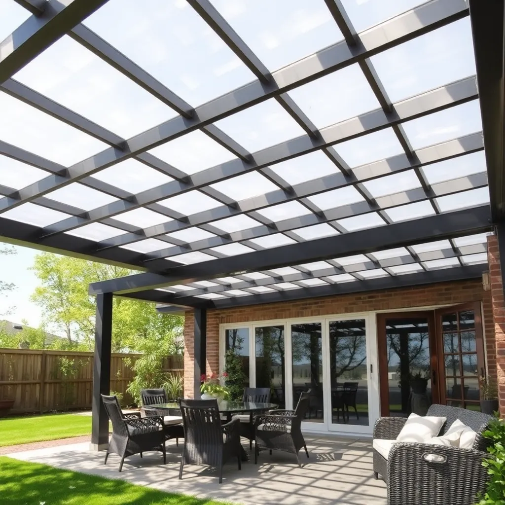 Pergola with polycarbonate shade roof panels over a patio with outdoor furniture