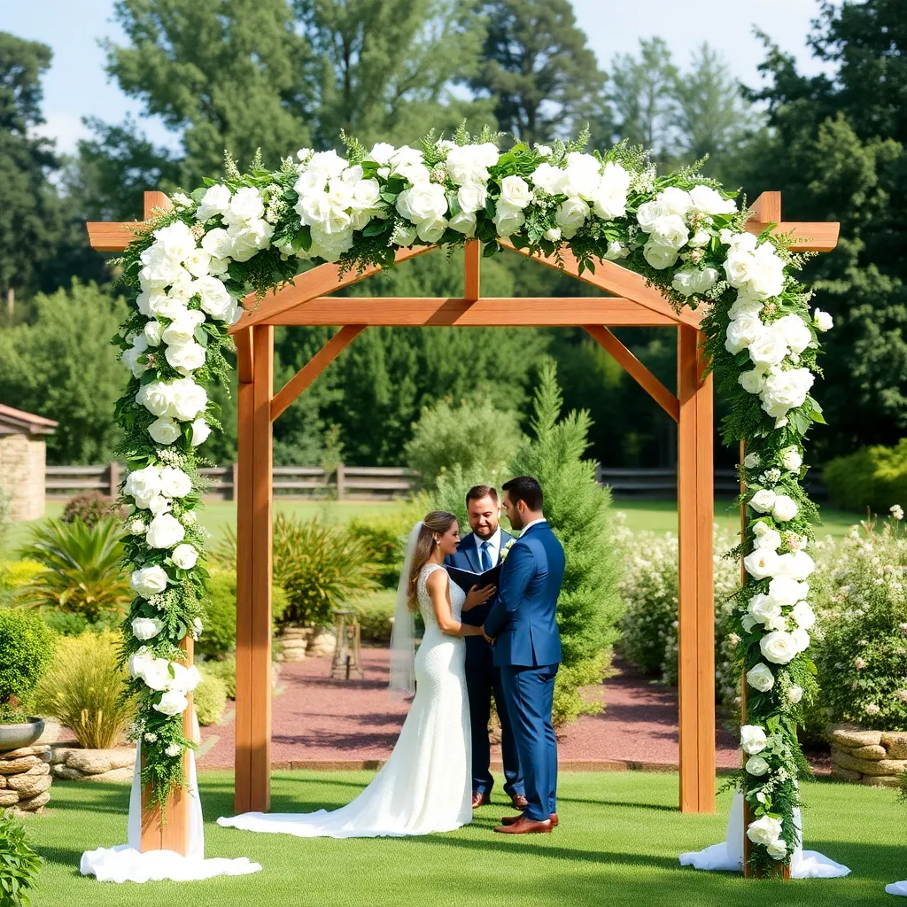 DIY wooden wedding arch decorated with white flowers and greenery at an outdoor ceremony
