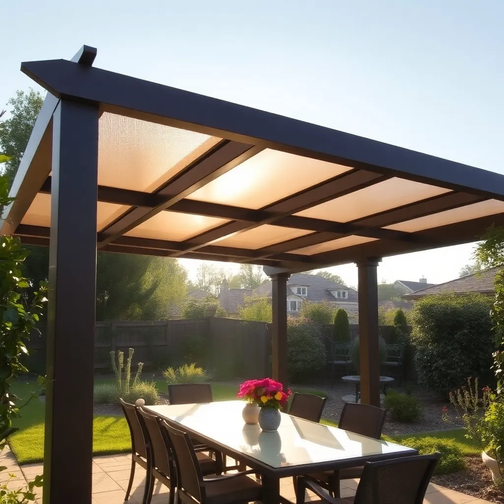 Beautiful backyard pergola with bronze polycarbonate shade cover panels and outdoor dining set below