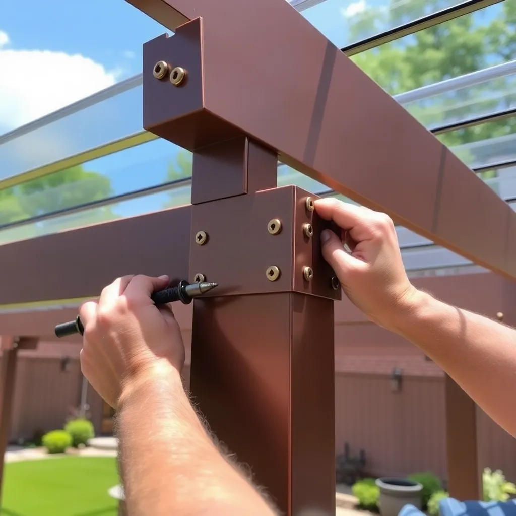 Installing polycarbonate twinwall panels on a pergola with rubber-washer screws and H-channel joints