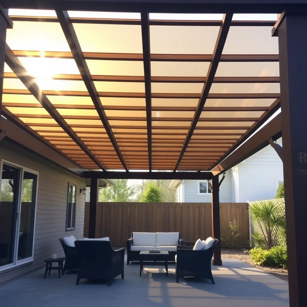 Finished pergola with polycarbonate shade cover panels installed, warm filtered light and patio furniture below