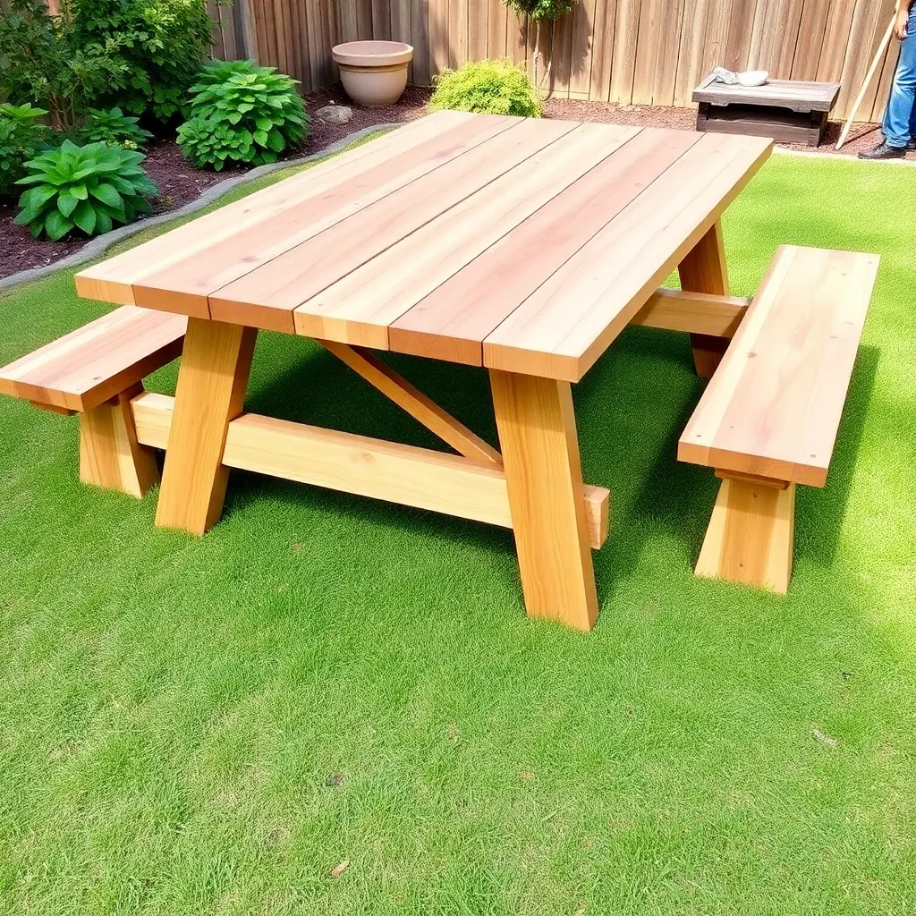 Classic rectangular DIY picnic table built from 2x6 pine boards with attached benches in a backyard
