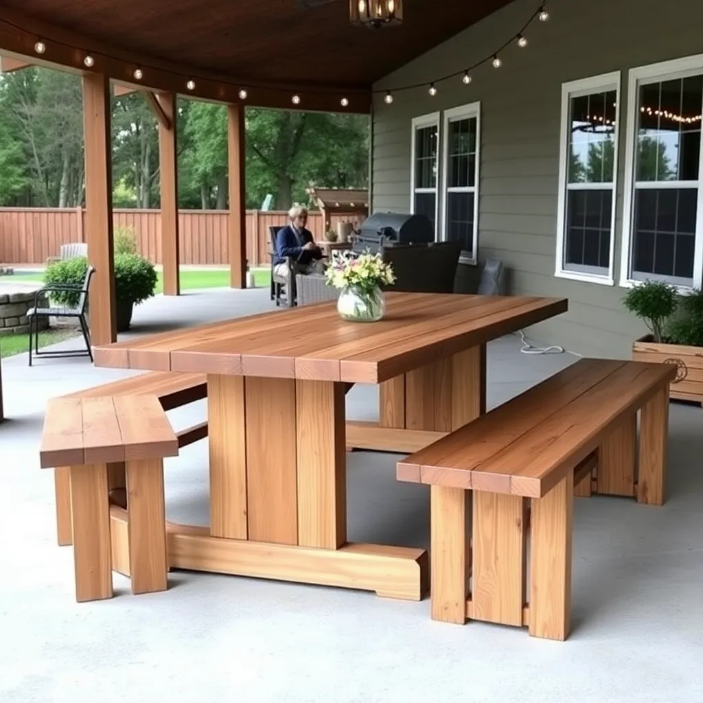 Farmhouse style outdoor picnic table with thick wood top and separate benches on a covered patio