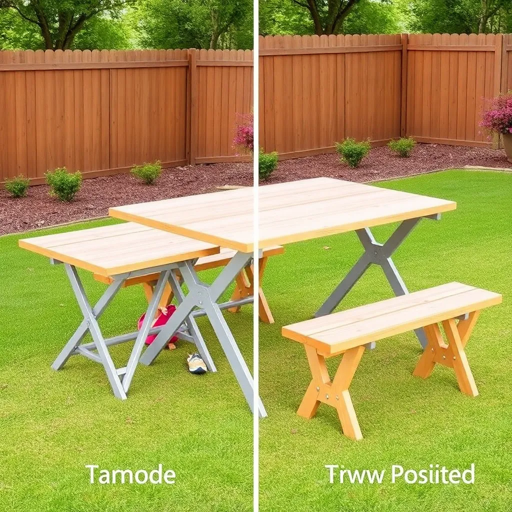 Foldable picnic table shown converting from table mode into two separate benches
