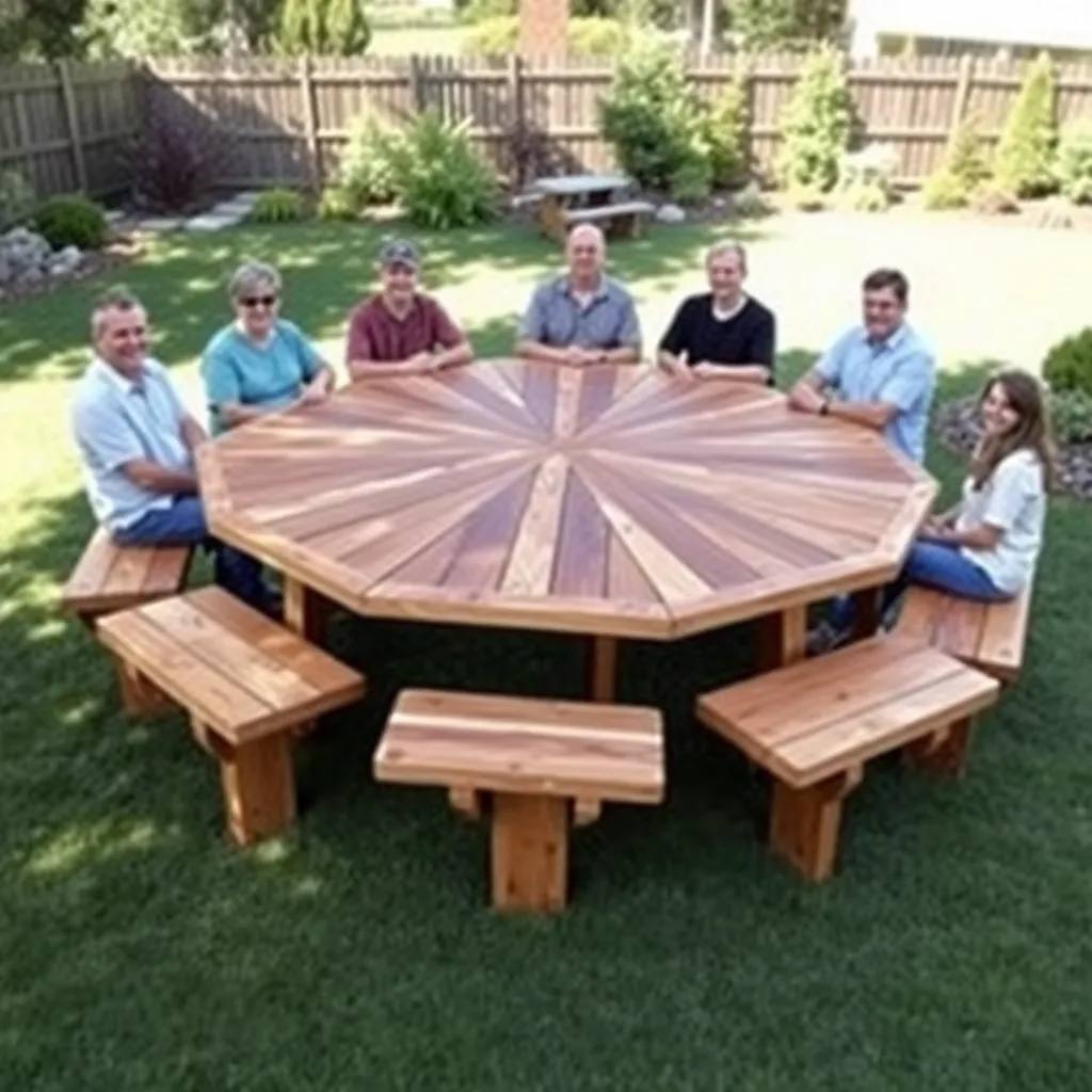 Hexagonal cedar picnic table with six bench sections and family seated around it in a backyard garden
