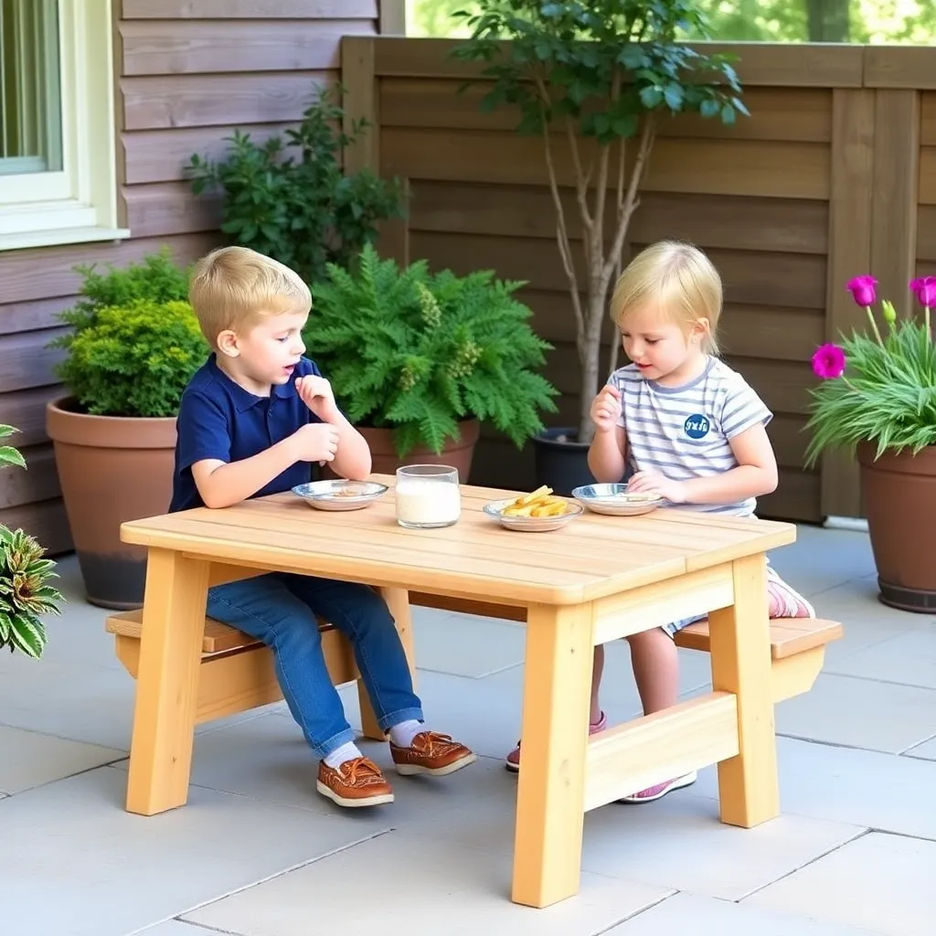Small cedar kids picnic table with two young children seated eating snacks on a patio