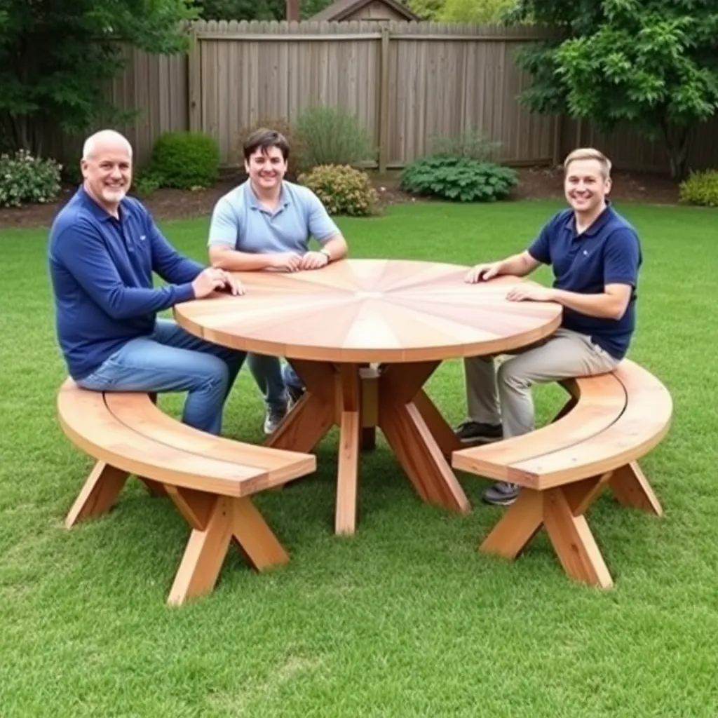 Round DIY picnic table with starburst wood top and four adults seated around it in a backyard