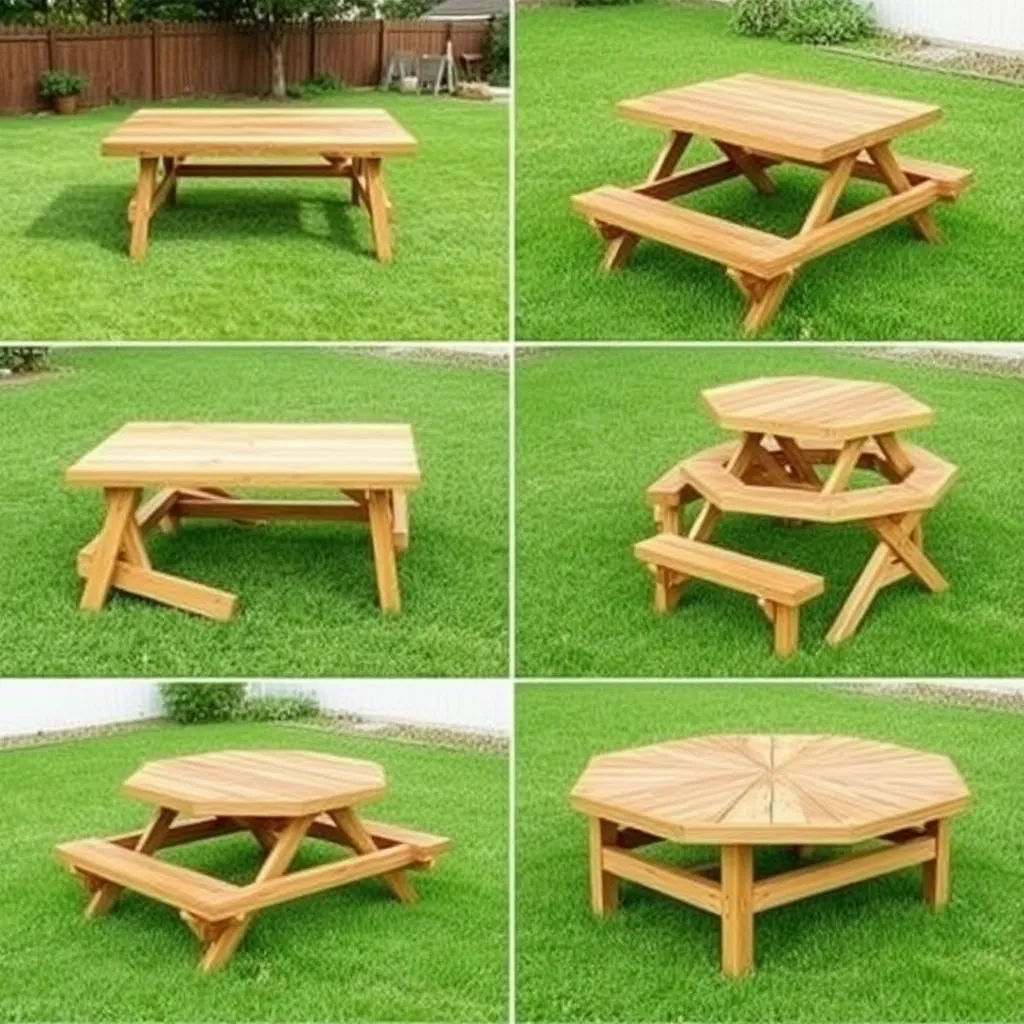 Collection of six DIY picnic table designs — rectangular, foldable, kids, round, hexagonal and farmhouse