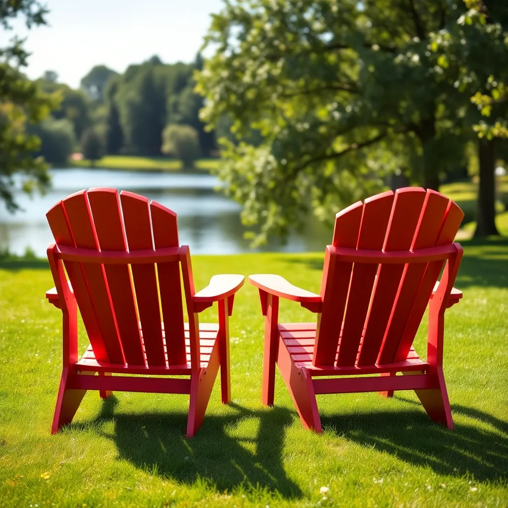 Two red Adirondack chairs on green lawn facing lake in sunny summer afternoon