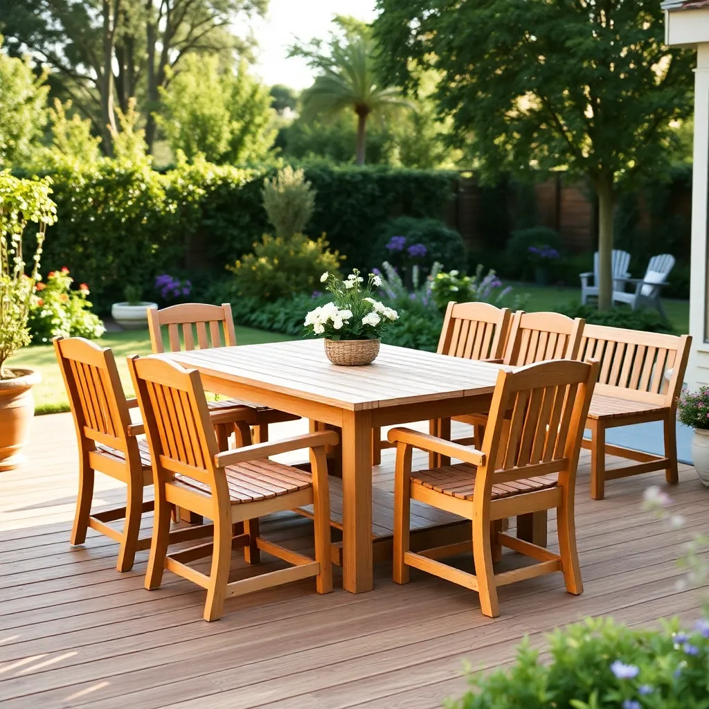 Cedar outdoor furniture set with dining table chairs and garden bench on wood deck summer garden