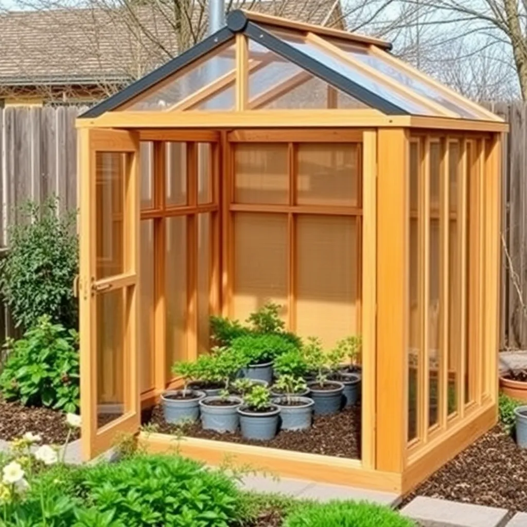 Small cedar polycarbonate greenhouse with door open showing seedlings inside spring garden
