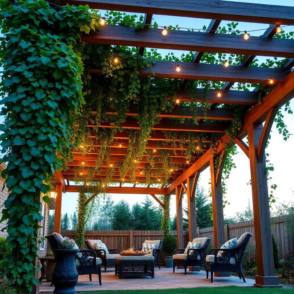 Wood pergola over patio with climbing vines string lights and furniture underneath summer evening