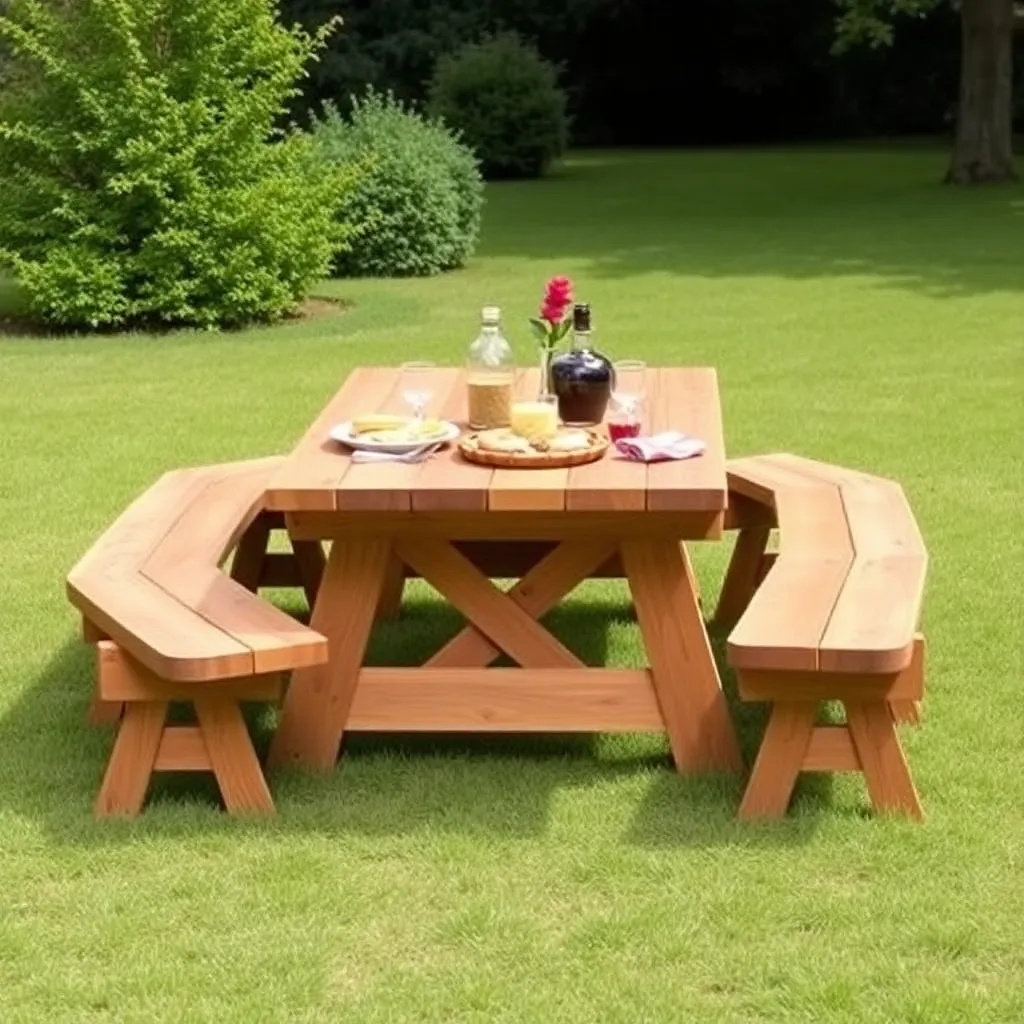 Classic wood picnic table with attached benches on green lawn set for family outdoor meal