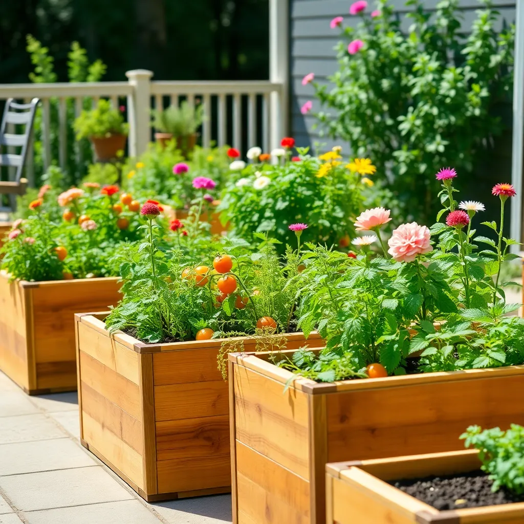 Cedar planter boxes in various sizes filled with vegetables herbs and flowers on sunny patio