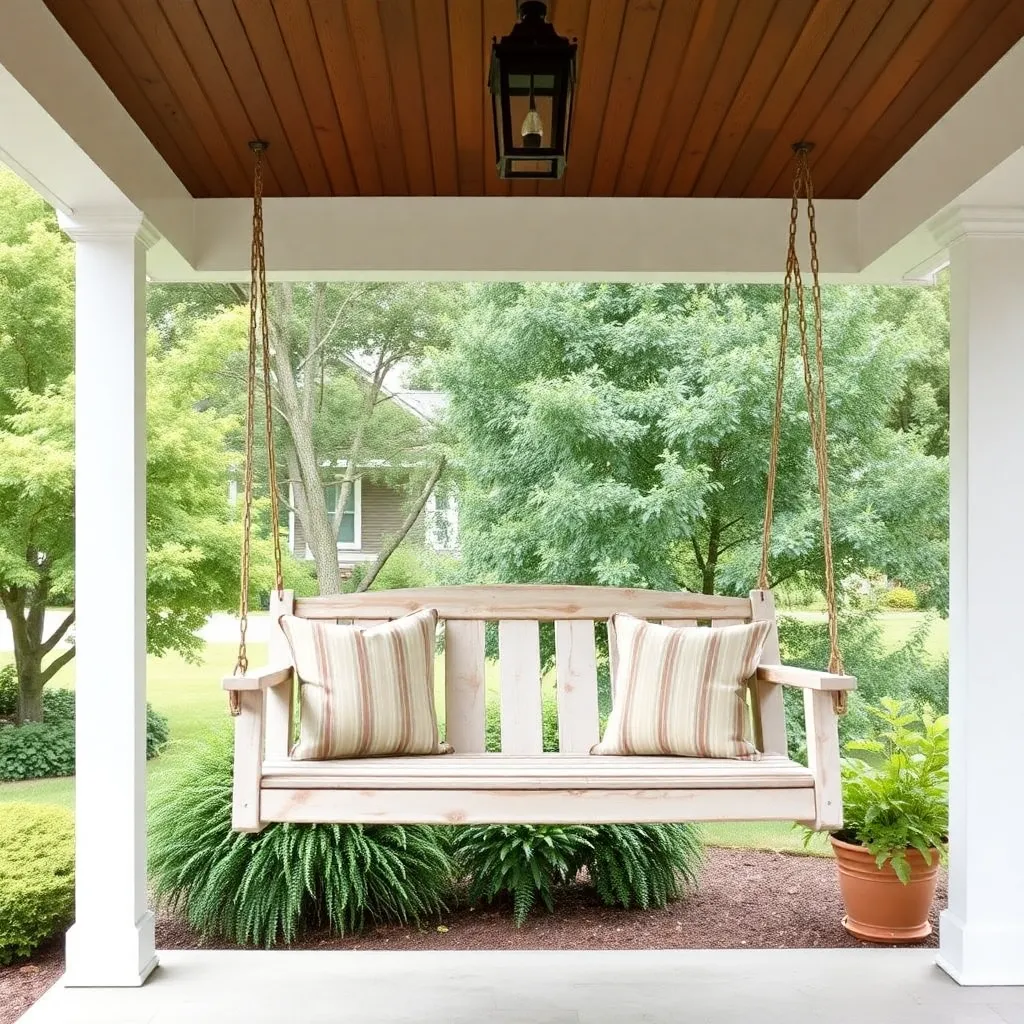 White cedar porch swing with throw pillows hanging from porch ceiling overlooking green garden