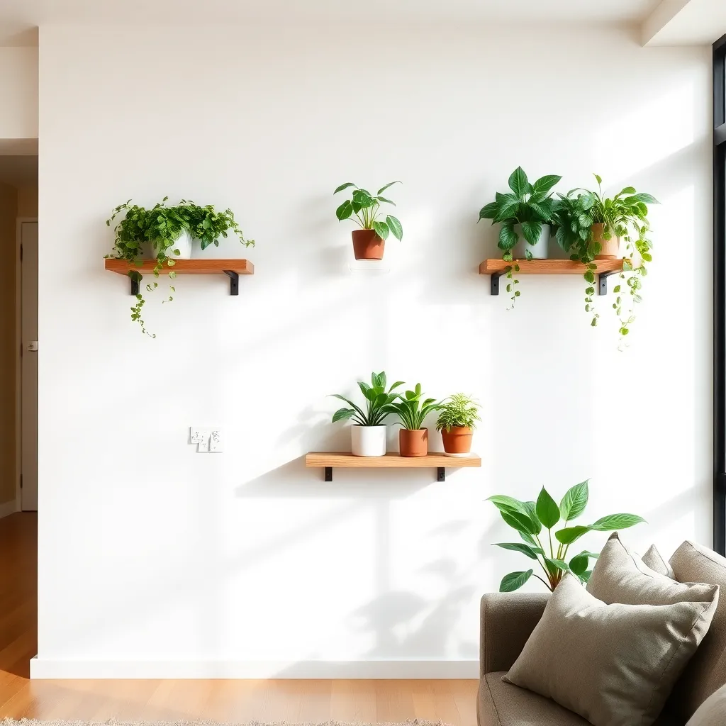 DIY wooden plant shelves with houseplants on a white wall in a bright living room