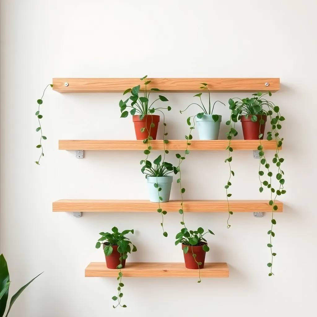 DIY floating wood plant shelves with trailing potted plants on a white wall