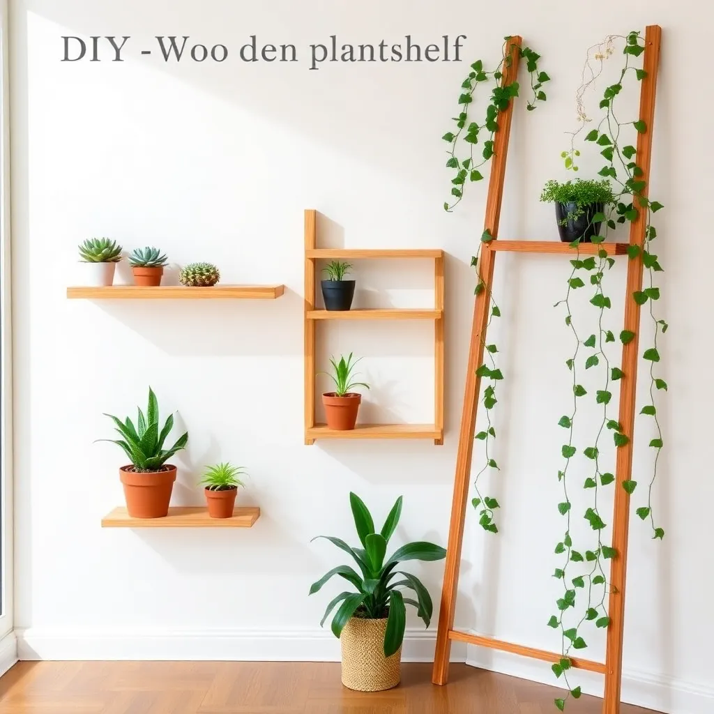 Three DIY plant shelf designs — floating, bracket, and ladder styles in a bright room