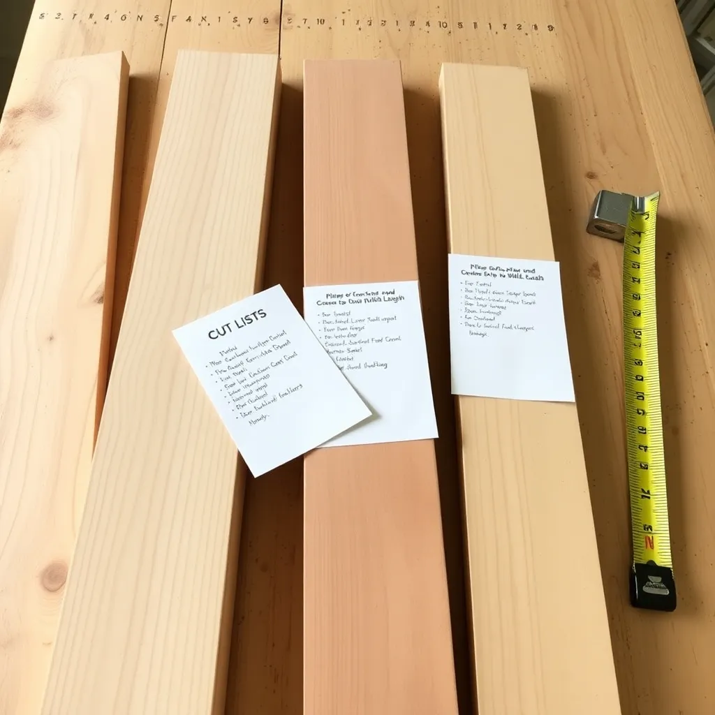 Lumber and cut lists laid out on a workbench for DIY plant shelf builds