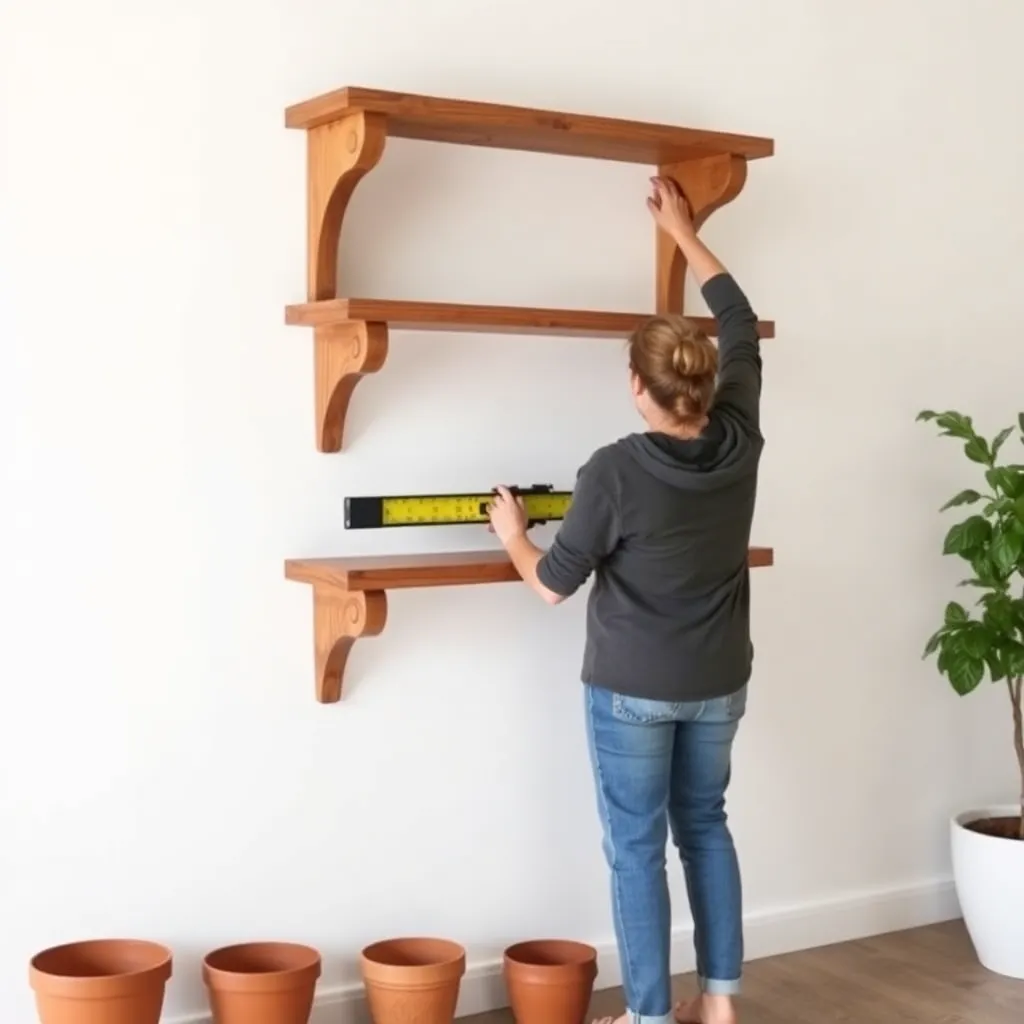 Mounting a two-shelf plant display on wooden corbel brackets on a white wall