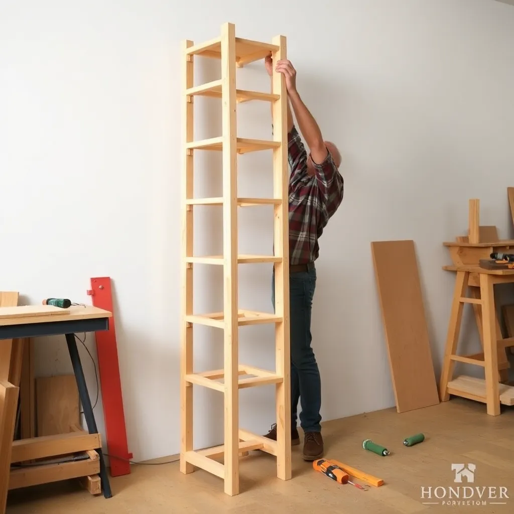 Assembling a leaning ladder plant shelf by attaching rungs to side rails in a workshop