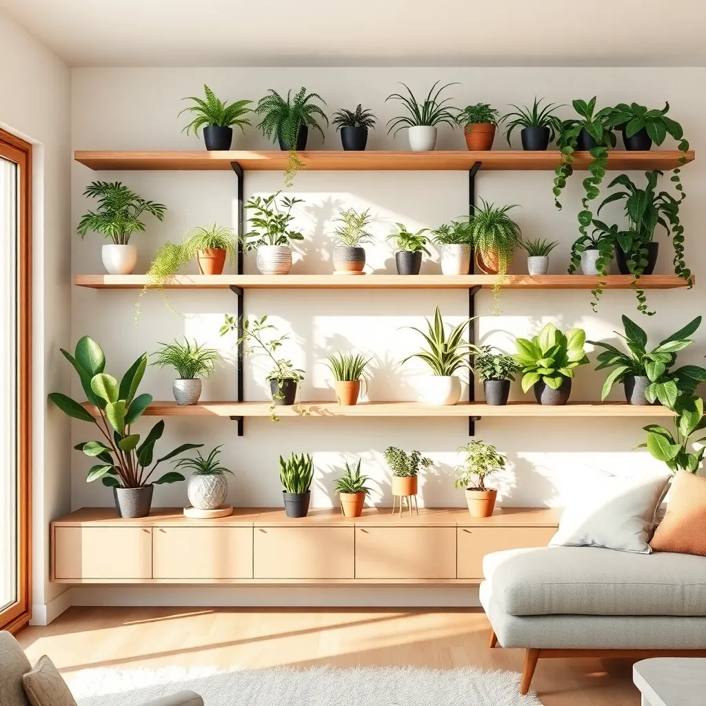 Beautifully styled DIY plant shelves with assorted houseplants in a bright living room