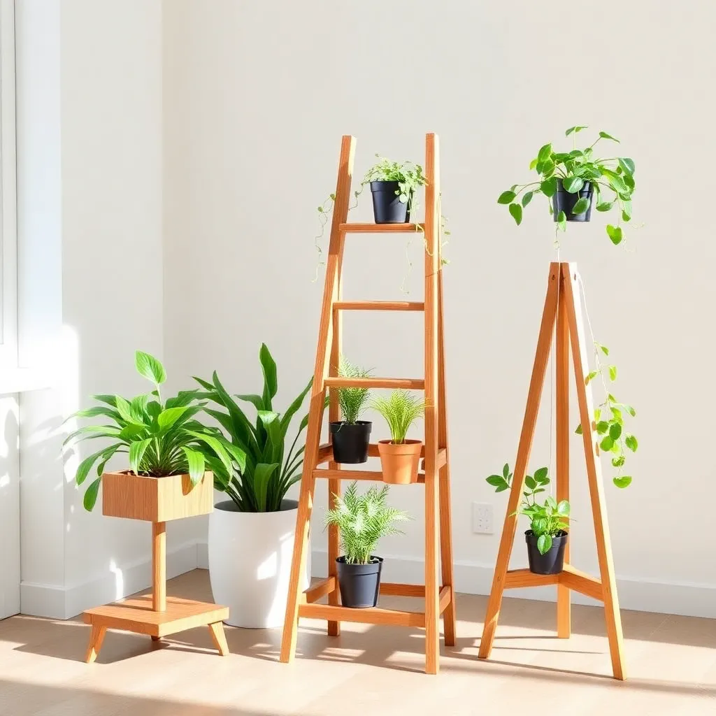 Three DIY wooden plant stands with houseplants in a bright living room
