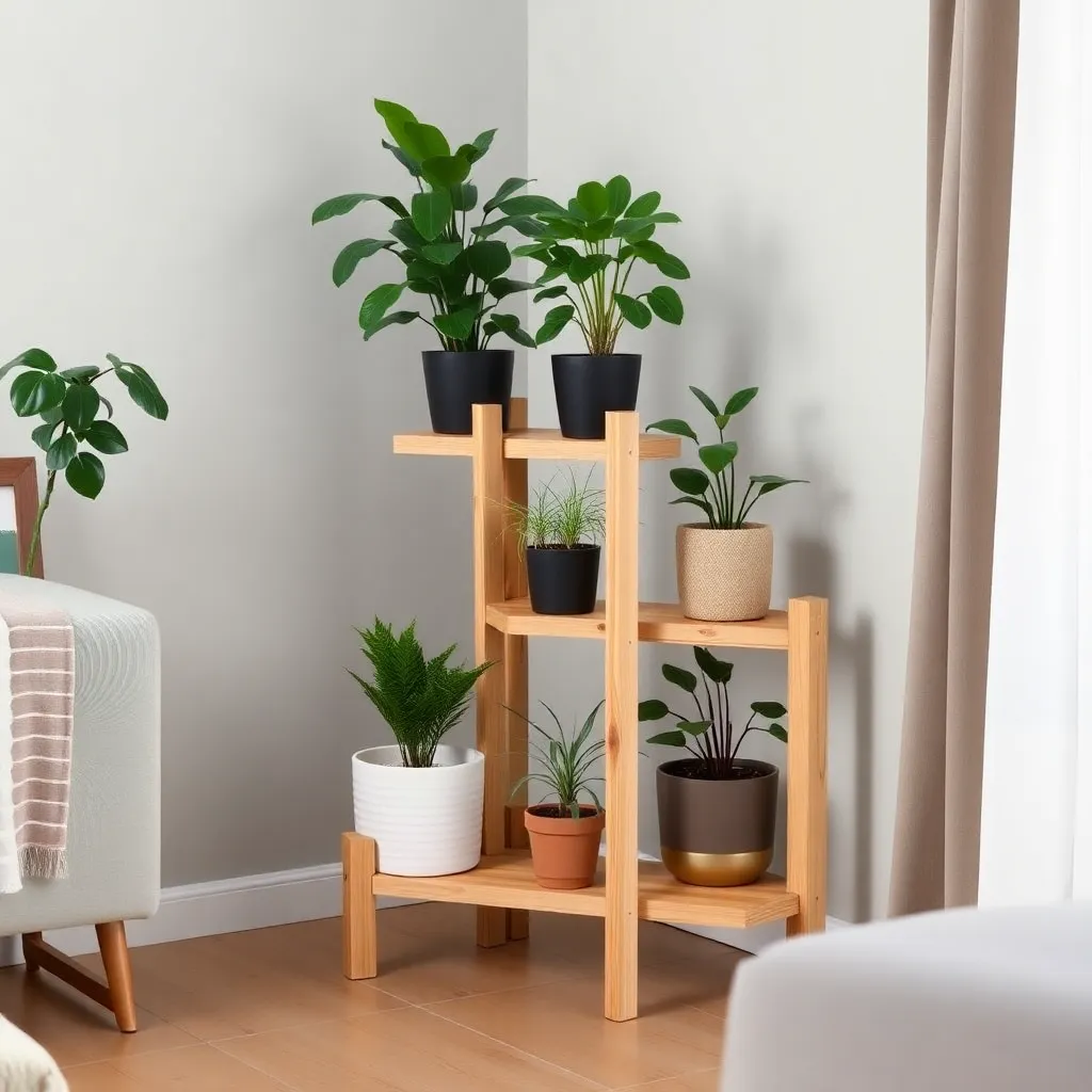 DIY three-tier wood plant stand with potted plants in a living room