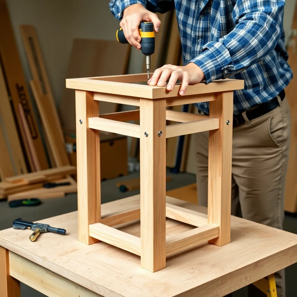 Building a single-tier square wooden plant stand on a workbench