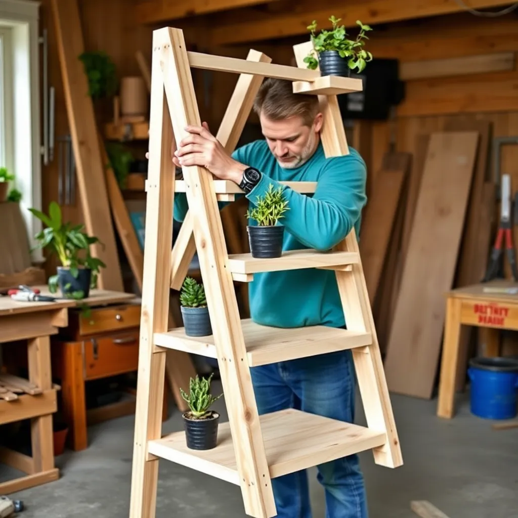 Building a three-tier A-frame ladder plant stand in a workshop