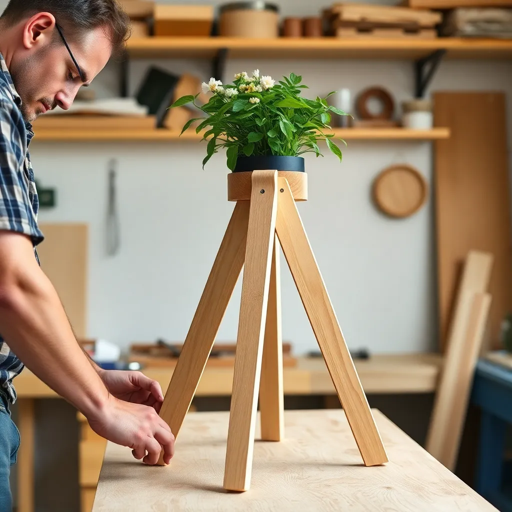 Assembling a mid-century modern wooden tripod plant stand on a workbench