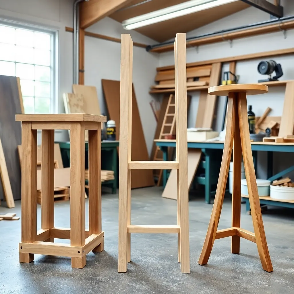 Three finished DIY wooden plant stands being sanded and oiled in a workshop