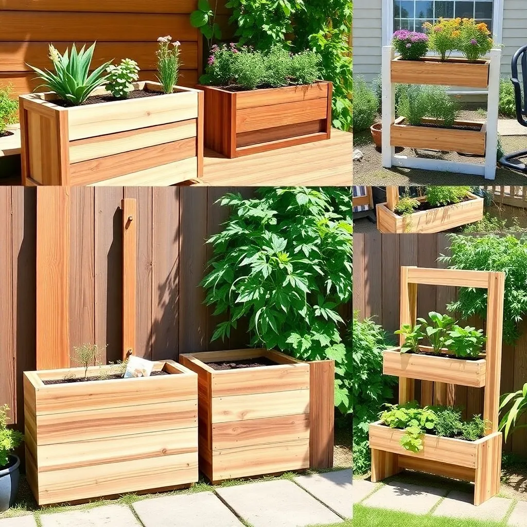 Collection of DIY wood planter boxes in a sunny garden setting