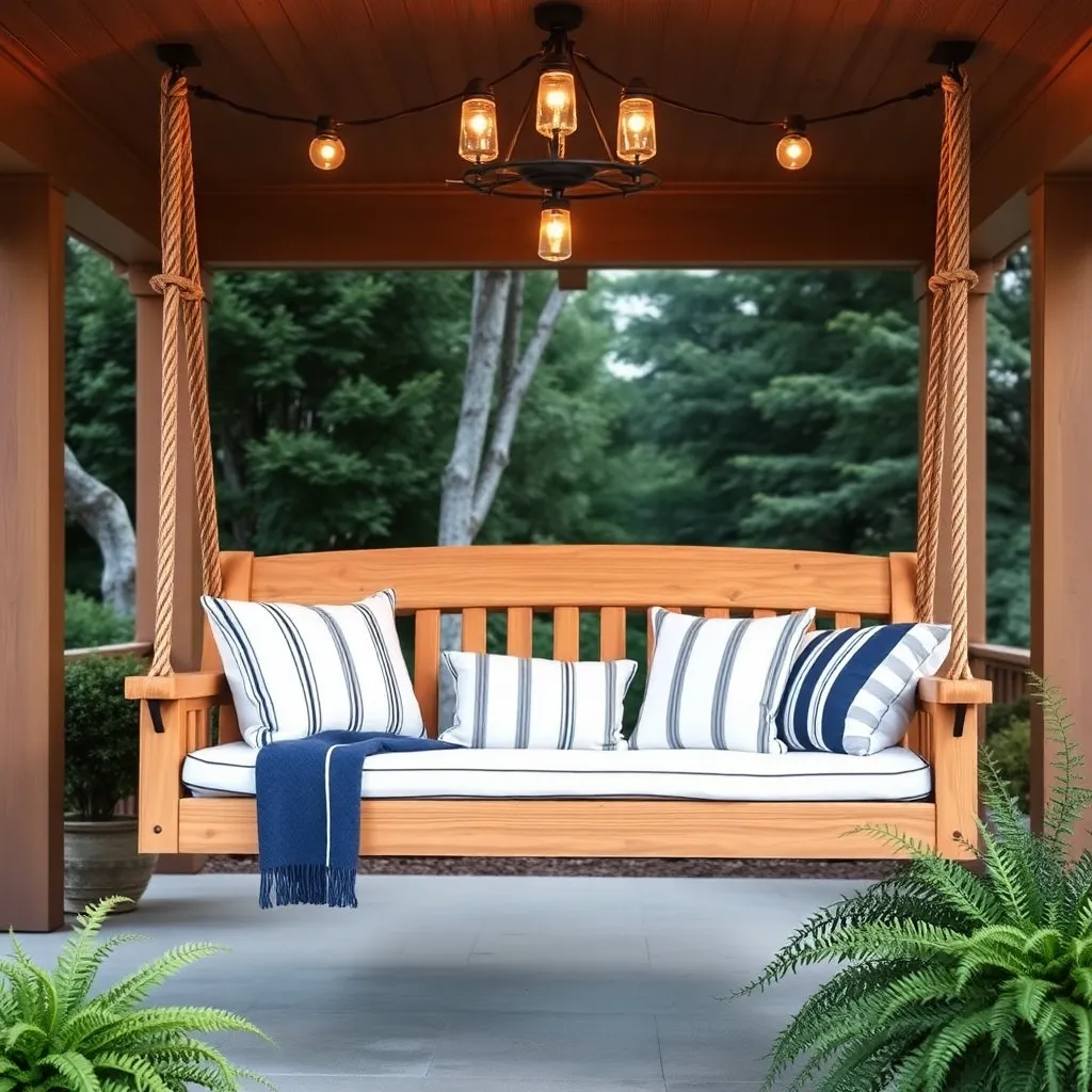 Stunning cedar porch swing bed with white cushions hanging from covered porch ceiling with string lights