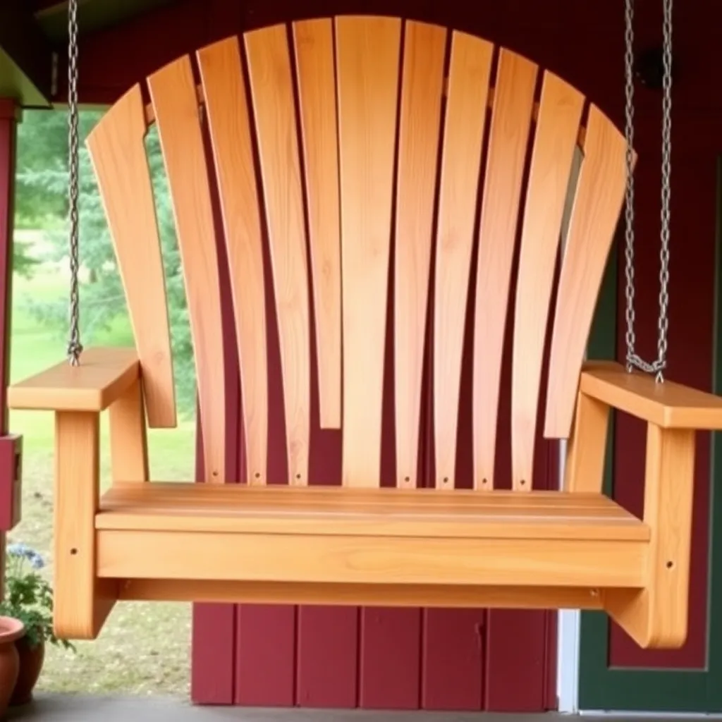 Adirondack fan-back cedar porch swing with radiating slats and wide armrests painted barn red