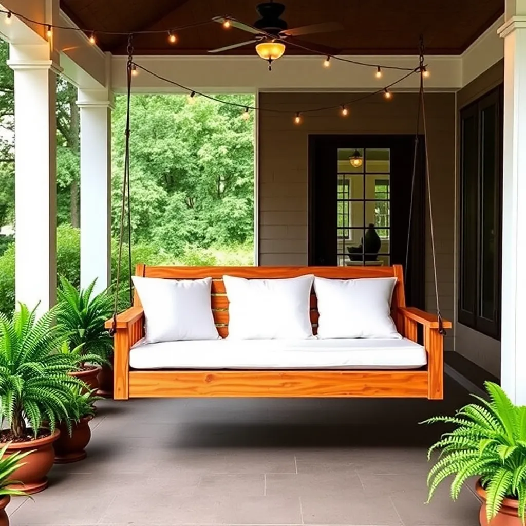 Wide cedar porch swing bed with white cushions hanging from covered porch ceiling