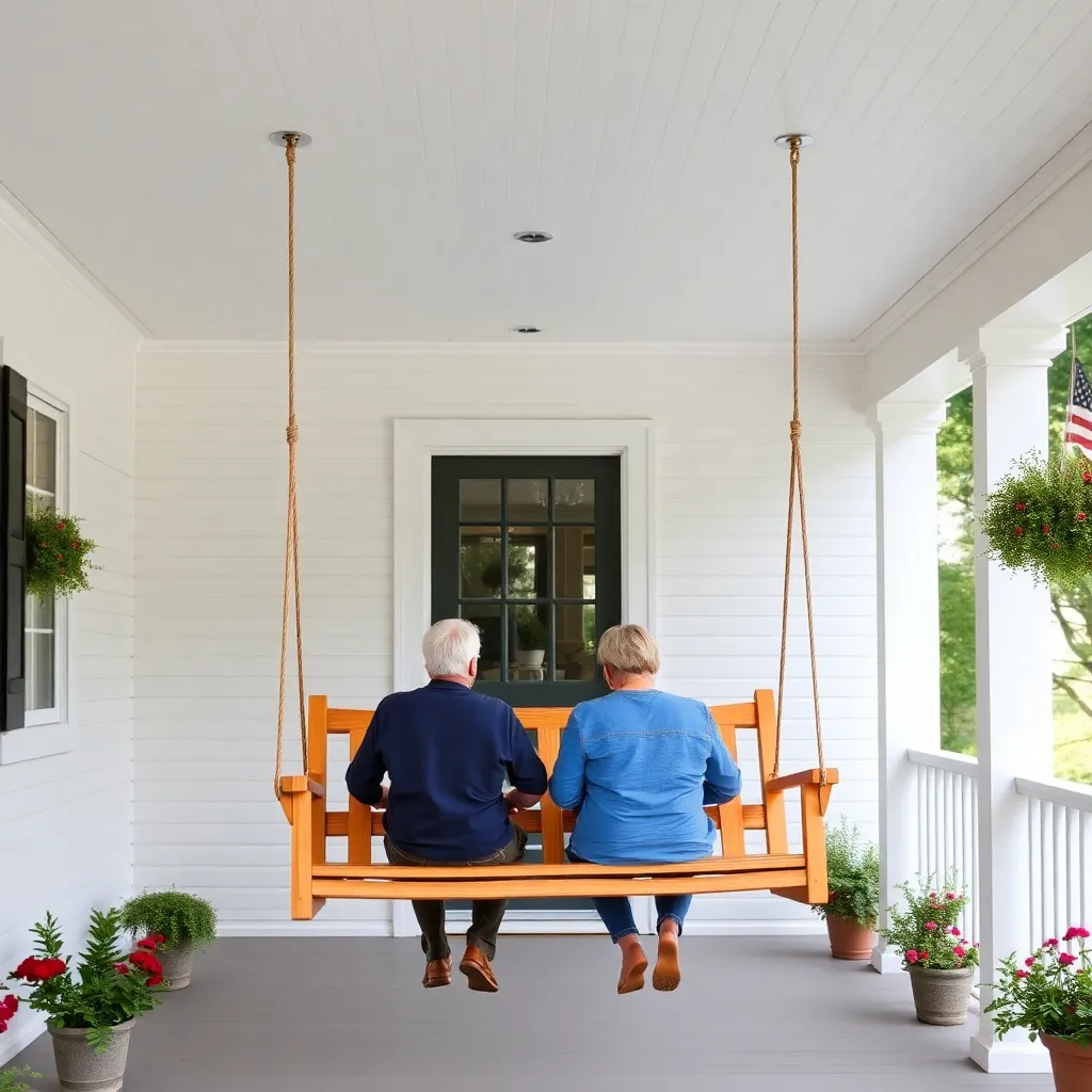 Classic 48-inch cedar slat-back porch swing hanging from porch ceiling with two adults seated